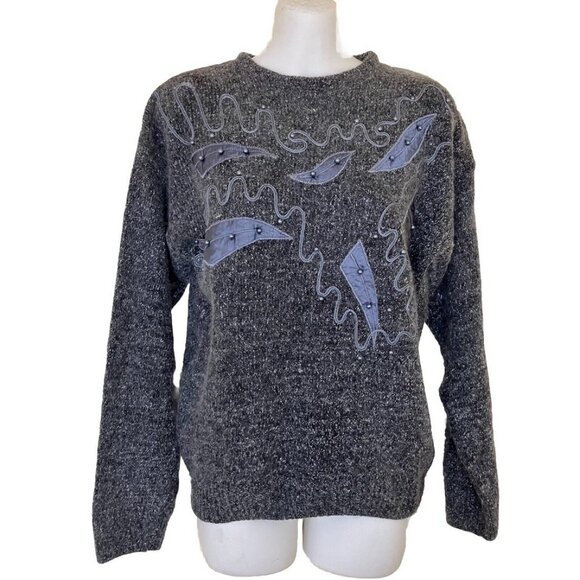 Jessica Silk Angora Knit Pullover Sweater Vintage Grey w/ Beaded Satin Applique - Picture 1 of 7